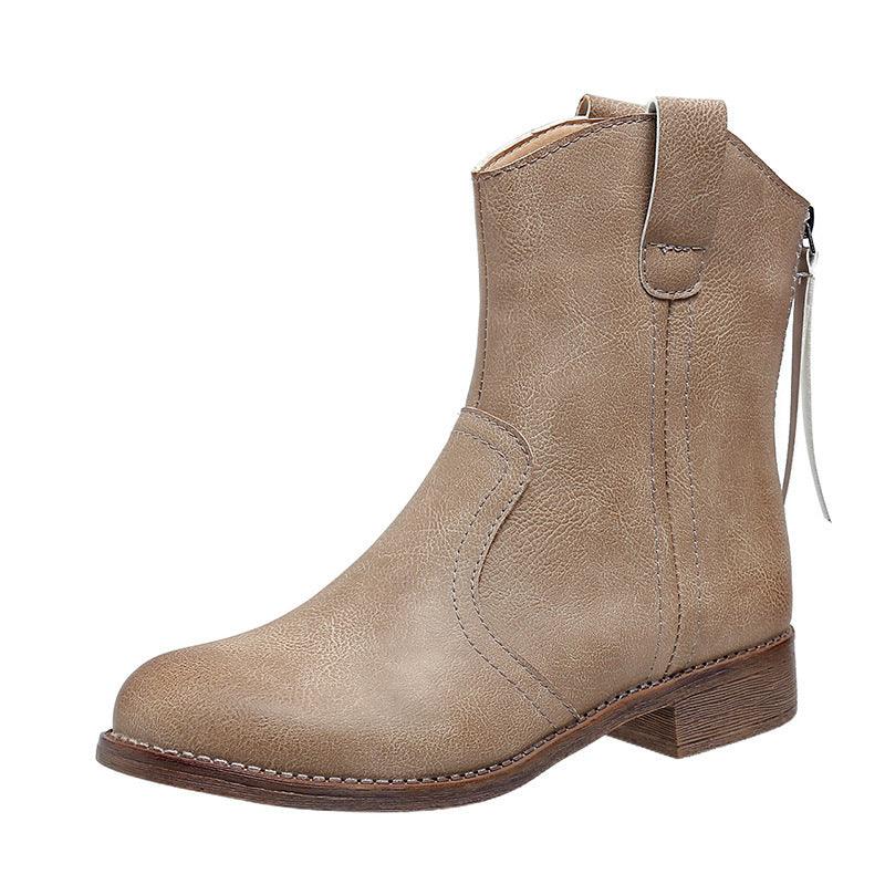 Women's Fashion Retro Low Heel Back Zipper Leather Boots - Hipster Collections
