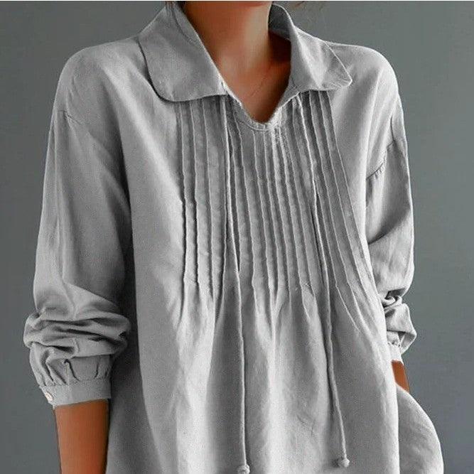 Loose Cotton And Linen Long Sleeve Women's Pleated Lapel Shirt - Hipster Collections