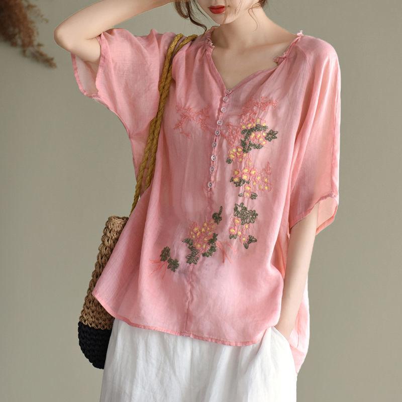 Summer Artistic Wooden Ear Embroidered Shirt Top - Hipster Collections