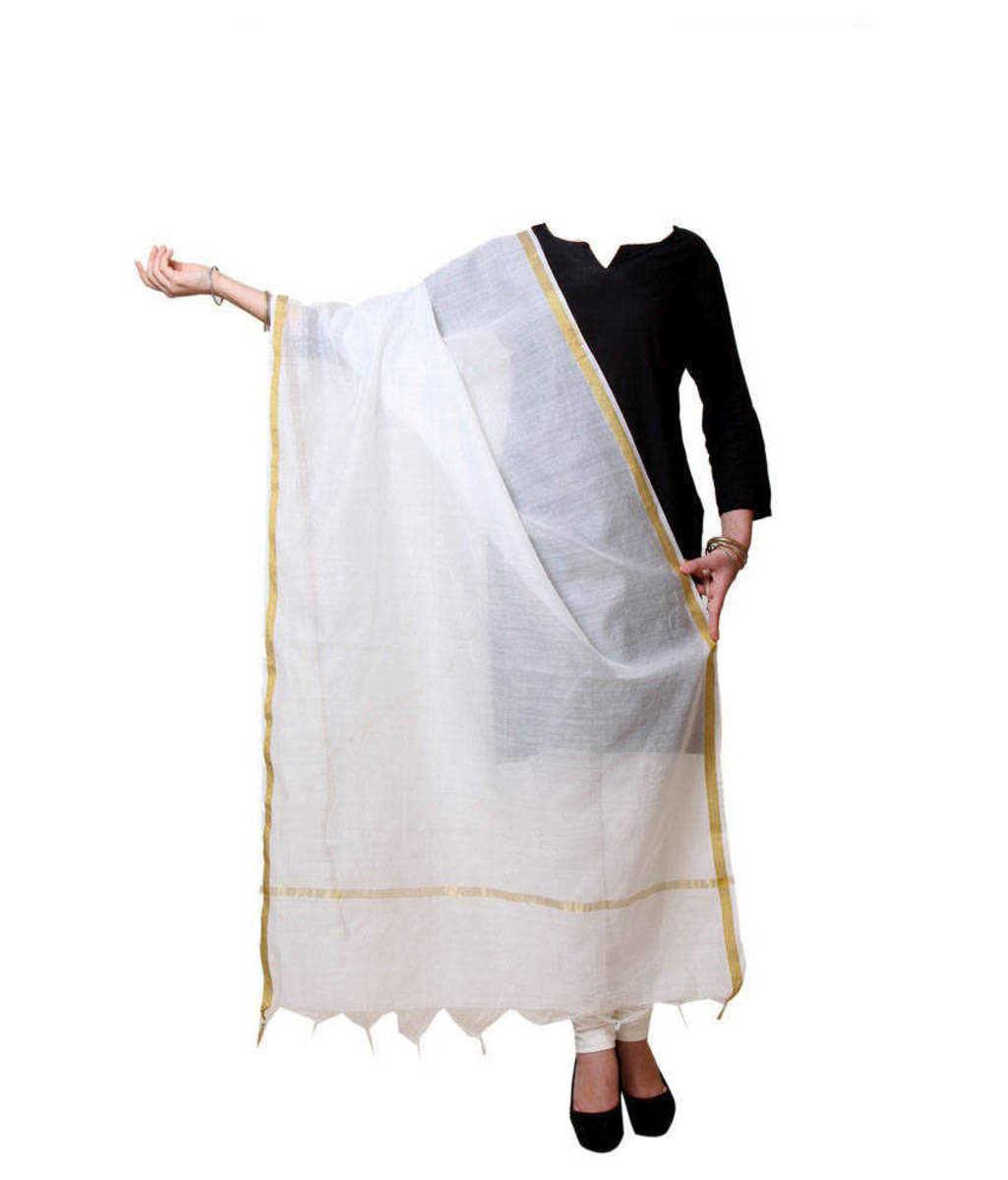 White Color Crushed Chanderi Dupatta with golden border - Hipster Collections