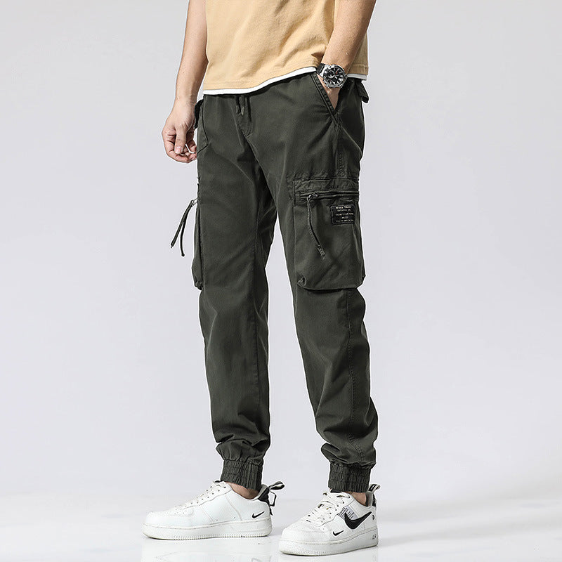 Casual Pants Trendy Brand Elastic Waist Men's Youth Simple Pure Cotton Multi-pocket Work Pants Trousers Ankle-tied - Hipster Collections