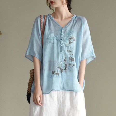 Summer Artistic Wooden Ear Embroidered Shirt Top