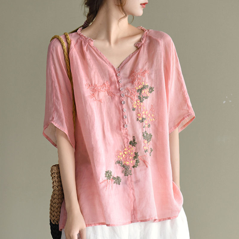 Summer Artistic Wooden Ear Embroidered Shirt Top