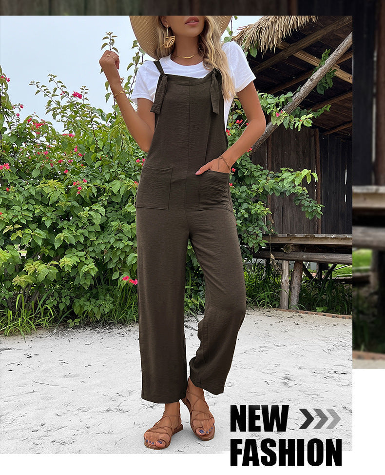 Summer European And American Leisure Suspender Pants Solid Color Pocket Jumpsuit - Hipster Collections