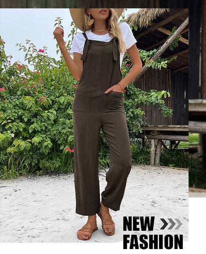 Summer European And American Leisure Suspender Pants Solid Color Pocket Jumpsuit - Hipster Collections