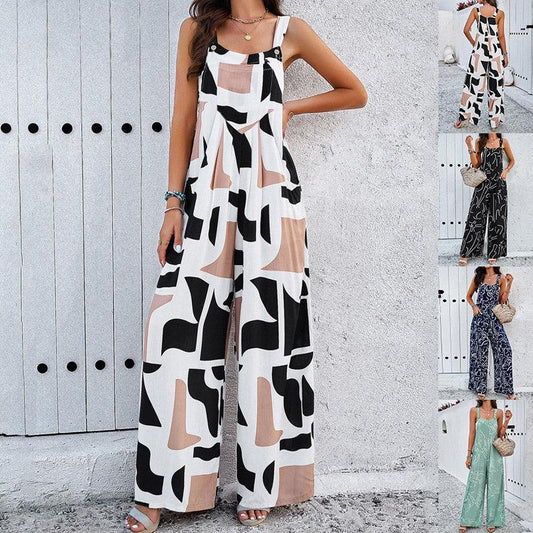 Printed Square Neck Jumpsuit With Pockets - Hipster Collections