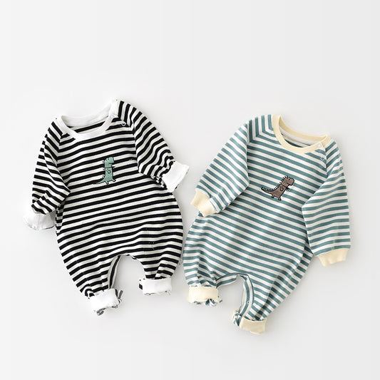 Cartoon Striped Dinosaur Embroidery Long-Sleeved Jumpsuit - Hipster Collections