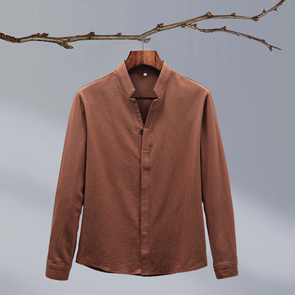 Cotton And Linen Crepe Solid Color Chinese Style Men's Long-sleeved Shirt - Hipster Collections