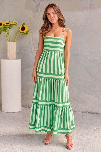 Striped Printed Suspender Long Dress With Pockets - Hipster Collections