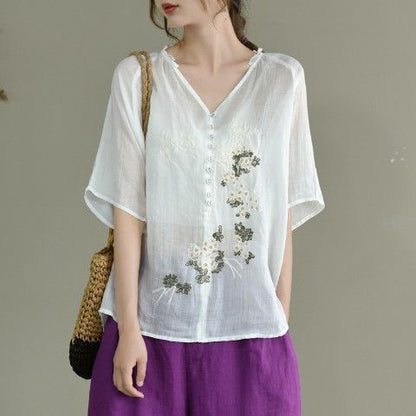 Summer Artistic Wooden Ear Embroidered Shirt Top