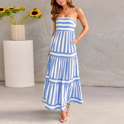 Striped Printed Suspender Long Dress With Pockets - Hipster Collections