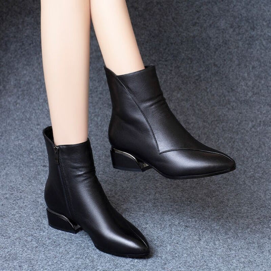 Pointed-toe Short Tube Chunky Heel Martin Boots - Hipster Collections