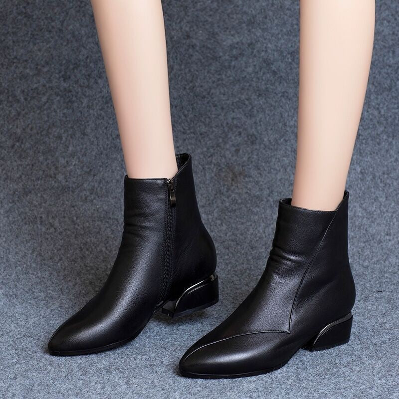 Pointed-toe Short Tube Chunky Heel Martin Boots - Hipster Collections