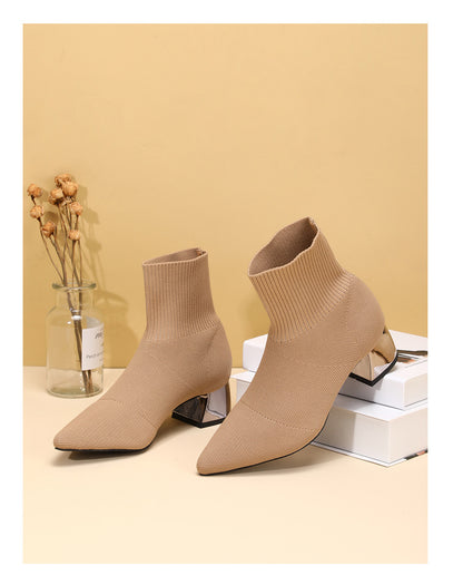 Women's Fashion High Heel Pointed Toe Chunky Heel Stretch Knitted Boots - Hipster Collections