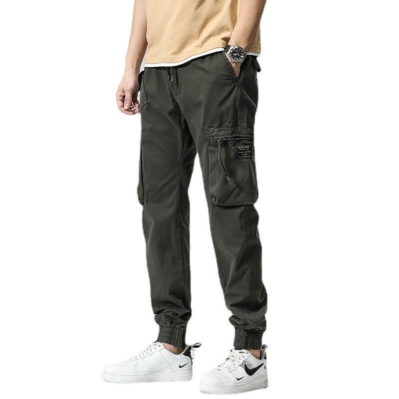 Casual Pants Trendy Brand Elastic Waist Men's Youth Simple Pure Cotton Multi-pocket Work Pants Trousers Ankle-tied - Hipster Collections