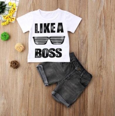 Boys' Short Sleeve Letter Denim Shorts Two-Piece Set - Hipster Collections