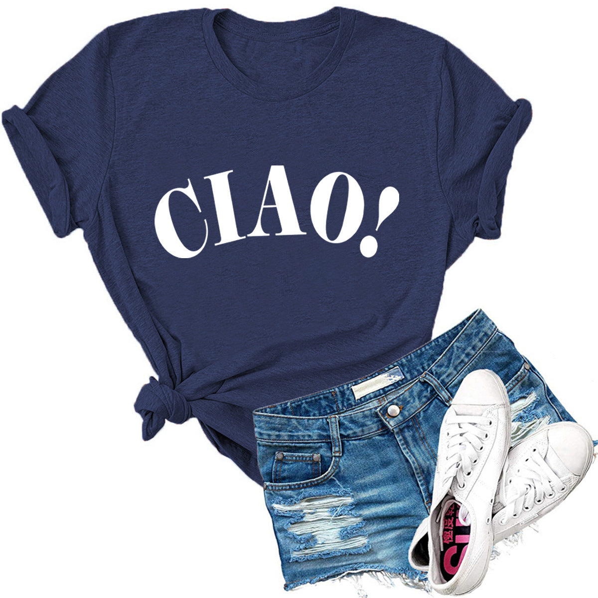 Summer Loose Casual CIAO Letter Printed Round Neck Short Sleeve T-shirt