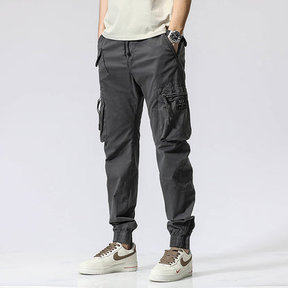 Casual Pants Trendy Brand Elastic Waist Men's Youth Simple Pure Cotton Multi-pocket Work Pants Trousers Ankle-tied - Hipster Collections