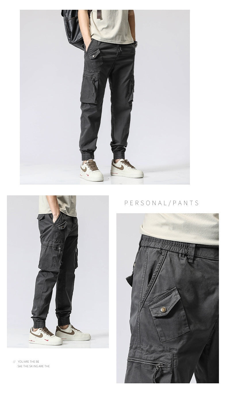 Casual Pants Trendy Brand Elastic Waist Men's Youth Simple Pure Cotton Multi-pocket Work Pants Trousers Ankle-tied - Hipster Collections