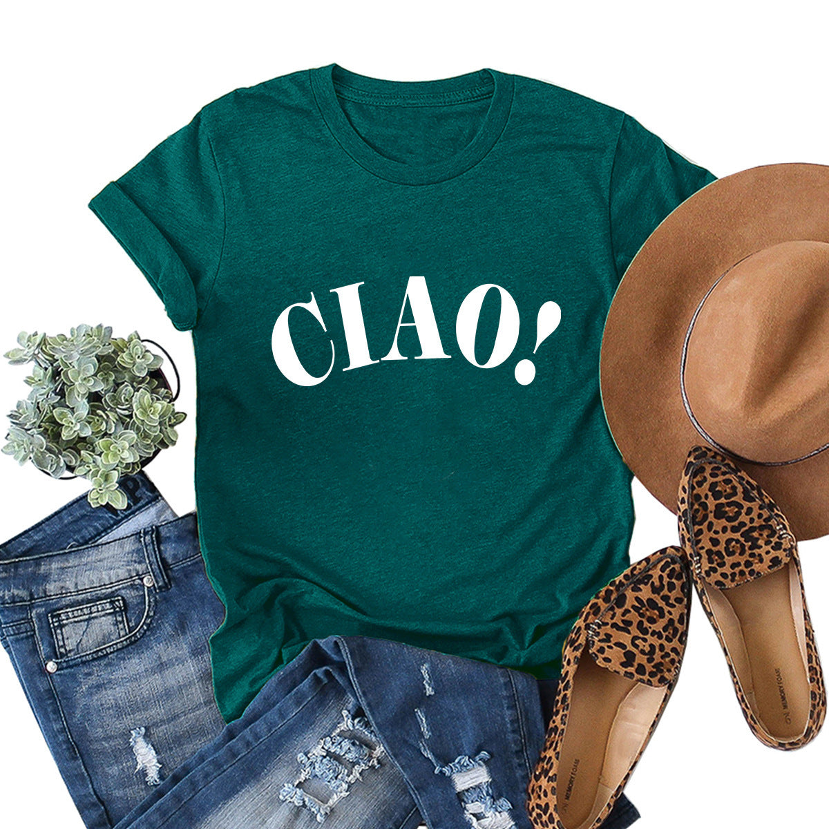 Summer Loose Casual CIAO Letter Printed Round Neck Short Sleeve T-shirt