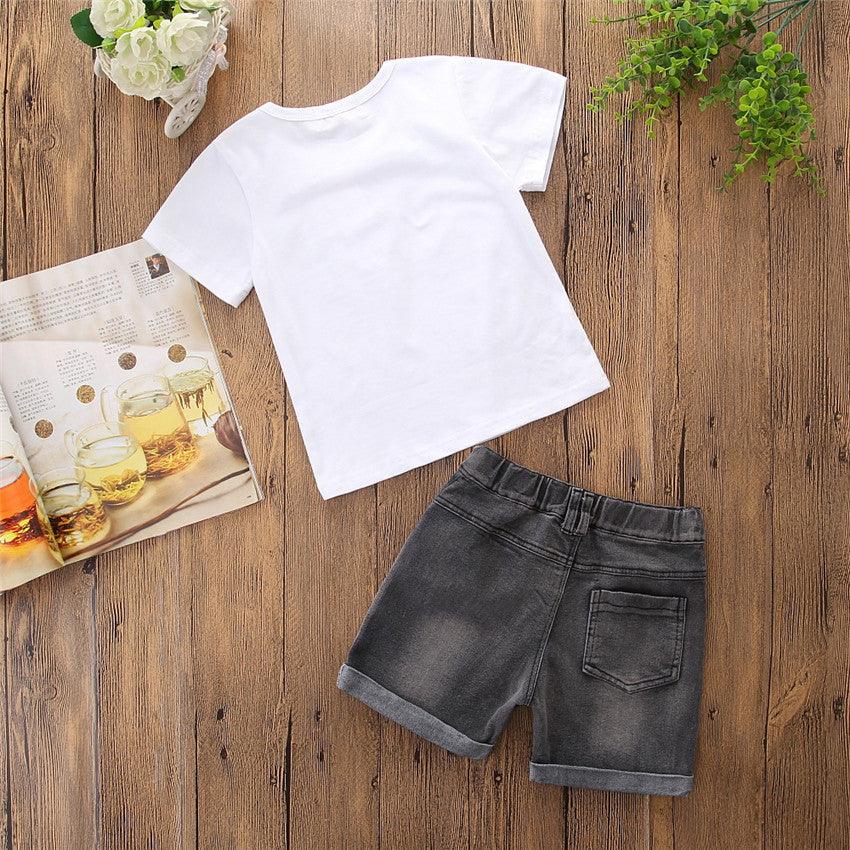 Boys' Short Sleeve Letter Denim Shorts Two-Piece Set - Hipster Collections
