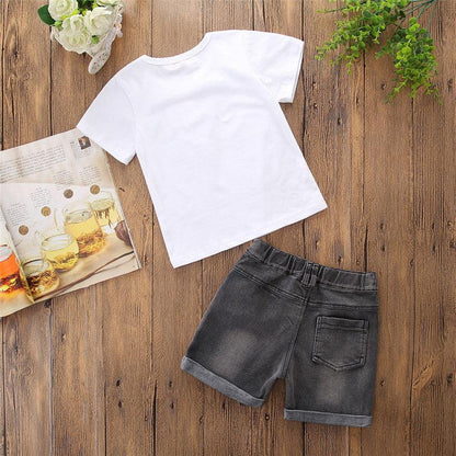 Boys' Short Sleeve Letter Denim Shorts Two-Piece Set - Hipster Collections