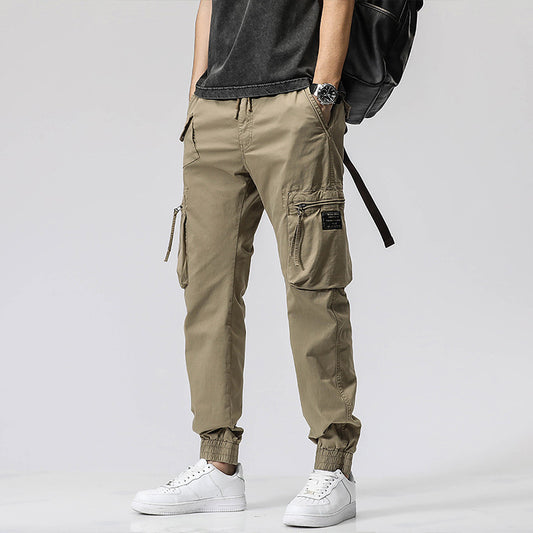 Casual Pants Trendy Brand Elastic Waist Men's Youth Simple Pure Cotton Multi-pocket Work Pants Trousers Ankle-tied - Hipster Collections