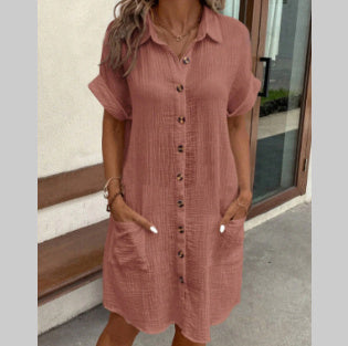 Short Sleeve Shirt Mid-length Loose Dress - Hipster Collections