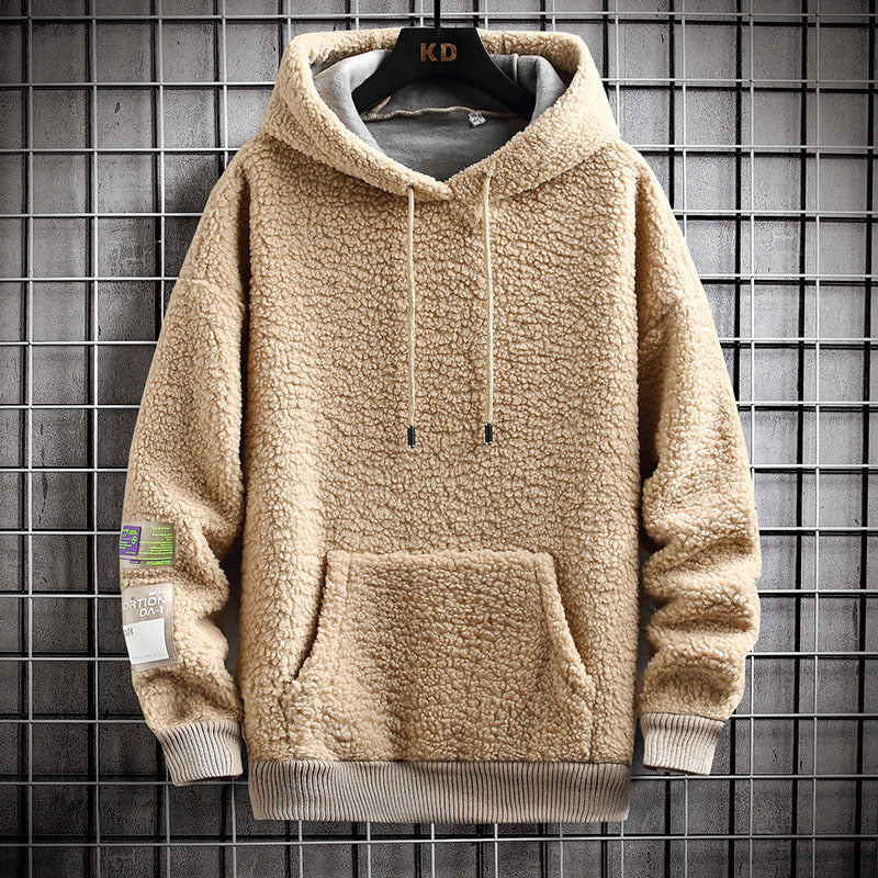 Men's Hooded Drawstring Pocket Lamb Wool Sweatshirt Velvet Padded Thickened Coat - Hipster Collections