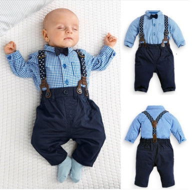 European and American boys gentleman suit, children's plaid shirt bib suit