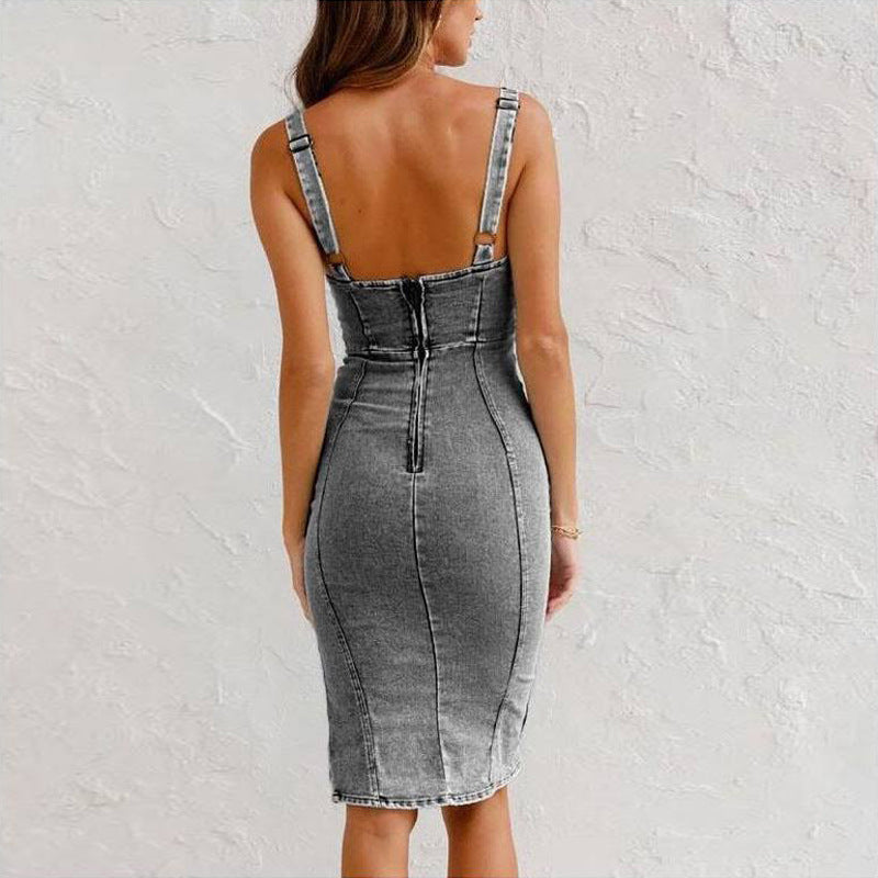 U-neck Suspender Denim Dress - Hipster Collections