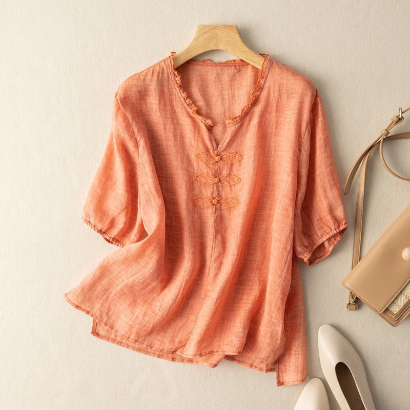 Cotton And Linen Embroidered V-neck Short Sleeve