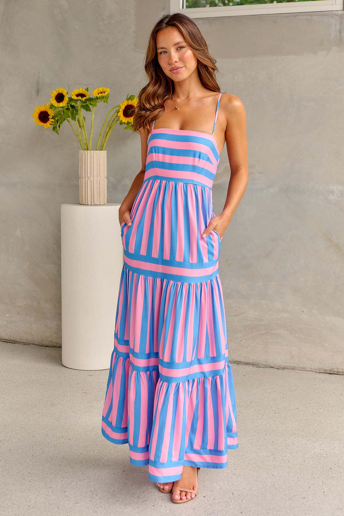 Striped Printed Suspender Long Dress With Pockets - Hipster Collections