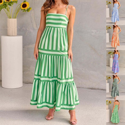 Striped Printed Suspender Long Dress With Pockets - Hipster Collections