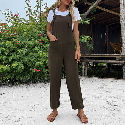 Summer European And American Leisure Suspender Pants Solid Color Pocket Jumpsuit - Hipster Collections