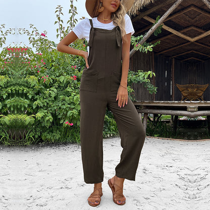 Summer European And American Leisure Suspender Pants Solid Color Pocket Jumpsuit - Hipster Collections