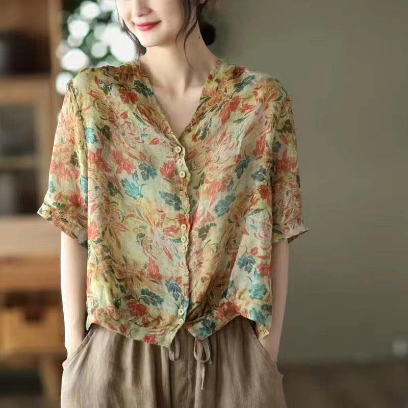 Women's V-neck Single Breasted Plus Size Slimming Artistic Stitching Casual Printed Ramie Shirt - Hipster Collections
