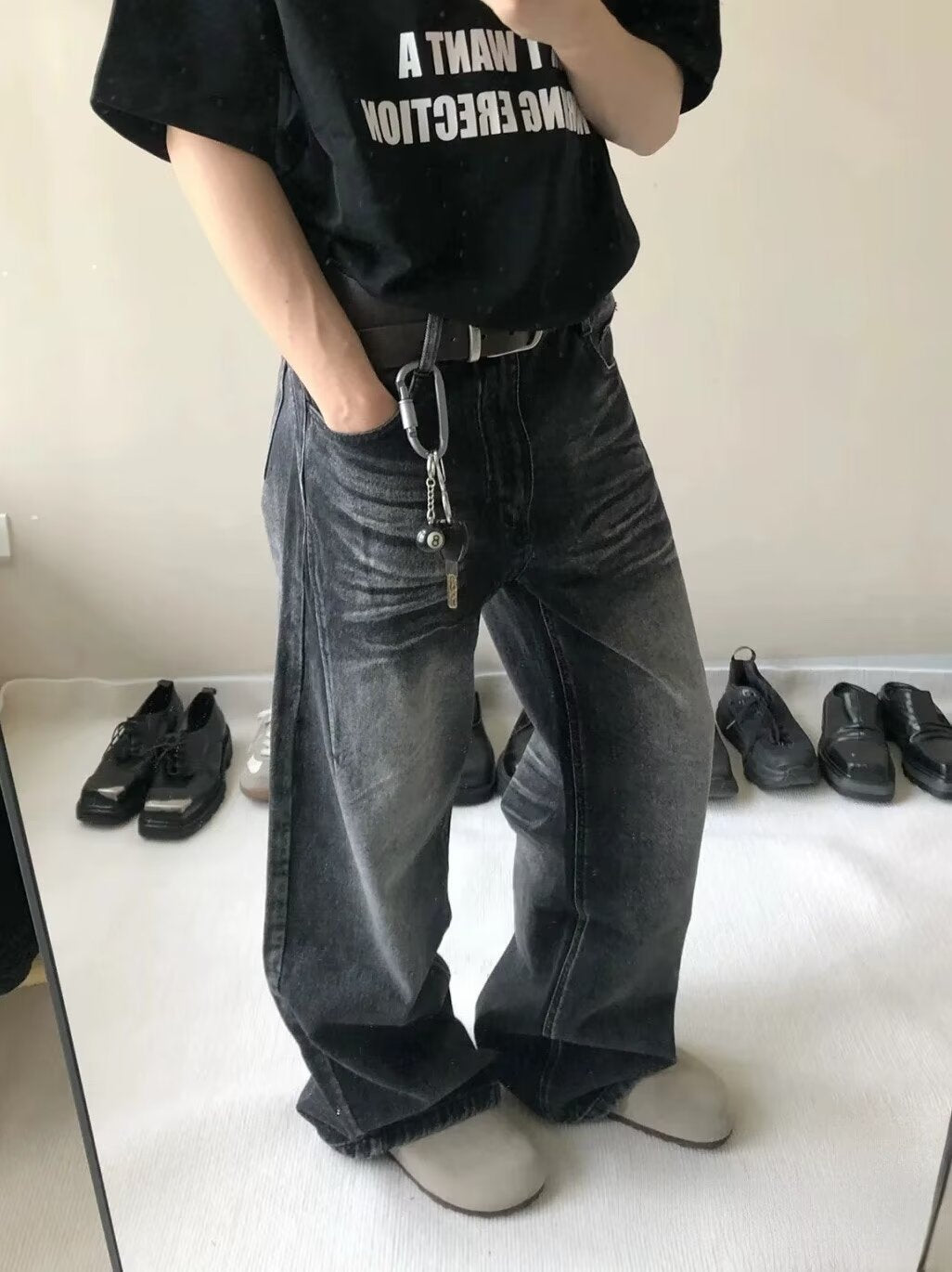 Retro Washed Black Distressed All-matching Jeans