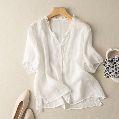 Cotton And Linen Embroidered V-neck Short Sleeve