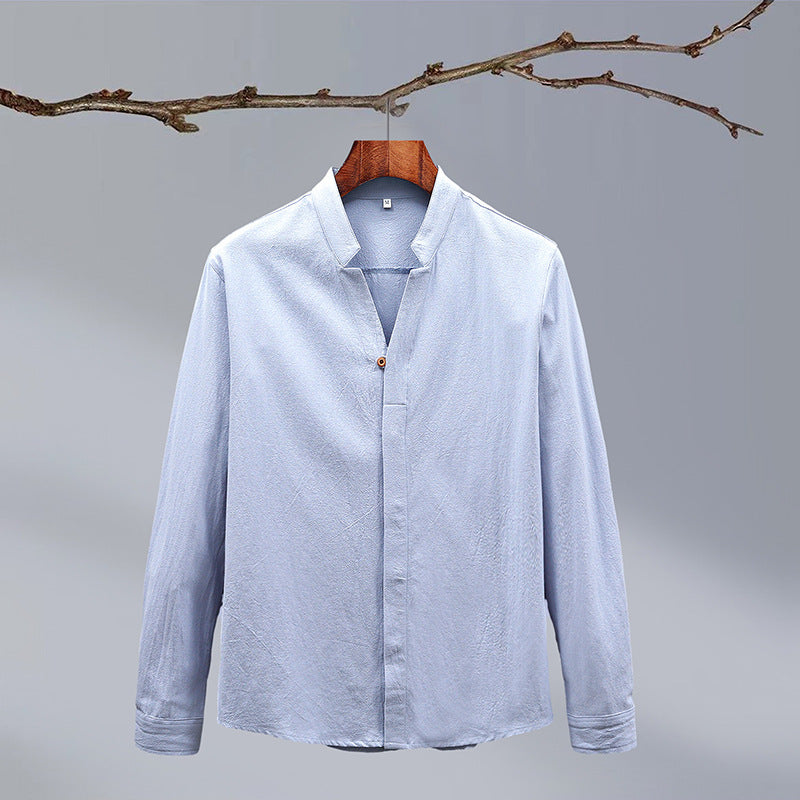 Cotton And Linen Crepe Solid Color Chinese Style Men's Long-sleeved Shirt - Hipster Collections