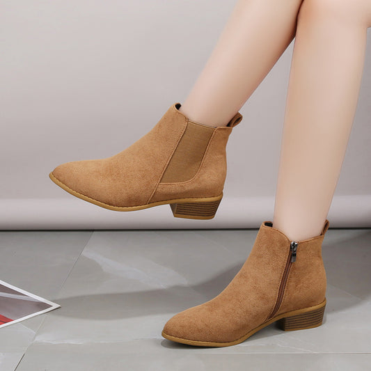 British Solid Color Suede Pointed Square Heel Martin Boots - Hipster Collections