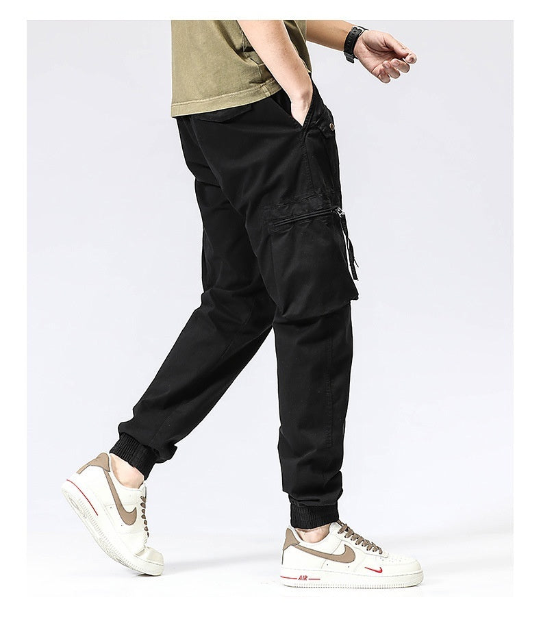 Casual Pants Trendy Brand Elastic Waist Men's Youth Simple Pure Cotton Multi-pocket Work Pants Trousers Ankle-tied - Hipster Collections