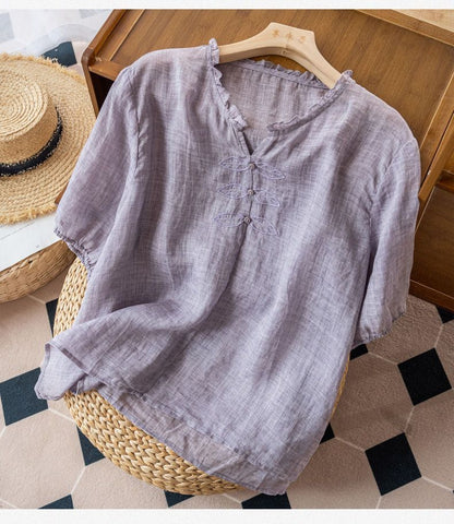 Cotton And Linen Embroidered V-neck Short Sleeve