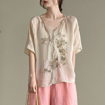 Summer Artistic Wooden Ear Embroidered Shirt Top