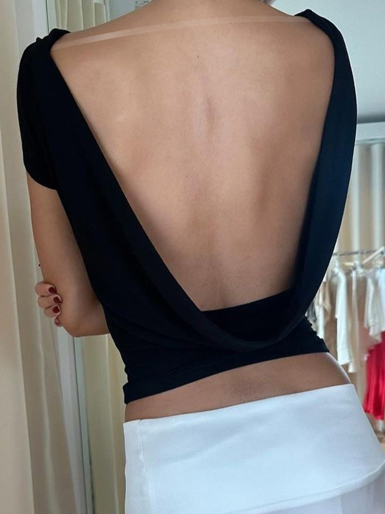 European And American Ins Style Hot Girl Sexy Big Backless Round Neck Short Sleeve