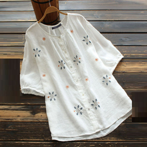 European And American Embroidered Crew Neck Button Short Sleeve