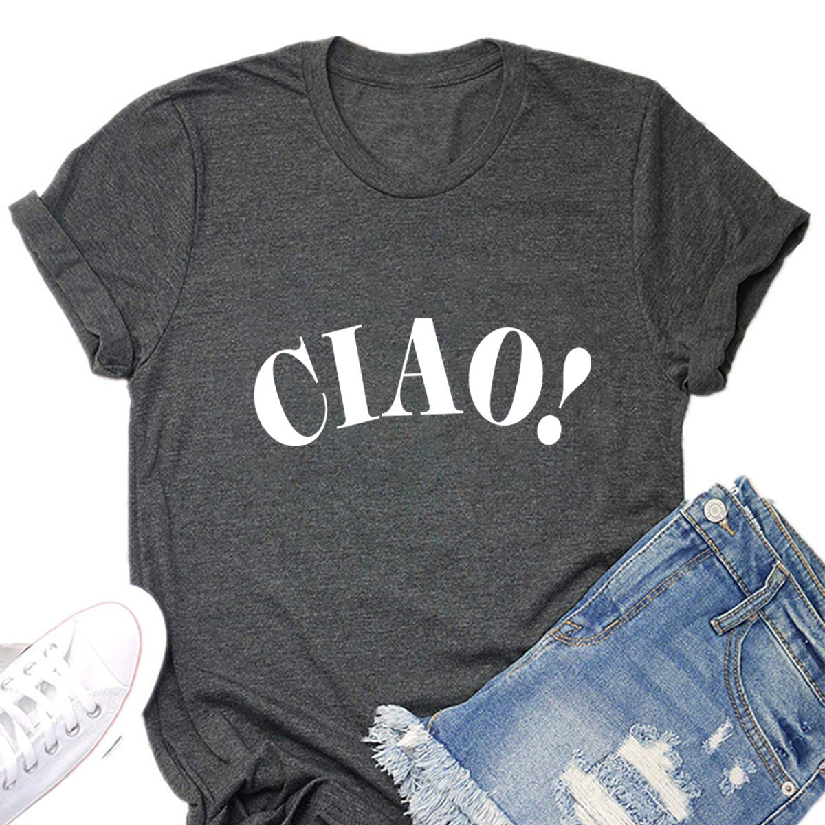 Summer Loose Casual CIAO Letter Printed Round Neck Short Sleeve T-shirt