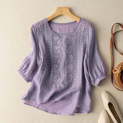 Embroidered Loose Artistic Vintage Cotton And Linen T-shirt