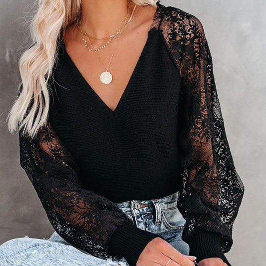 Women's New V-neck Stitching Lace Long-sleeved Top - Hipster Collections