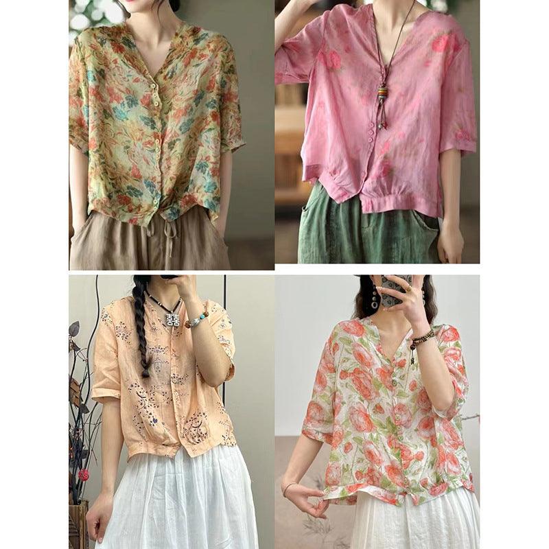 Women's V-neck Single Breasted Plus Size Slimming Artistic Stitching Casual Printed Ramie Shirt - Hipster Collections